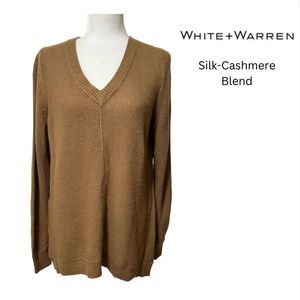 WHITE + WARREN Large Silk Cashmere Blend Camel Brown Sweater